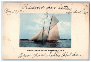 1911 Greetings From Newport Rhode Island RI, Sailboat Posted Antique Postcard