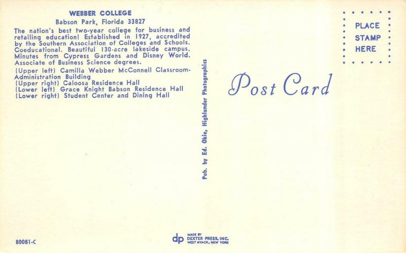 BABSON PARK, Florida FL   WEBBER COLLEGE  Halls~Dorms~Student Center  Postcard