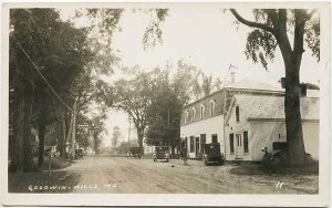 Goodwins Mills ME Dirt Main Street View Store Cars RPPC Real Photo Postcard