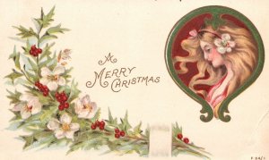 Vintage Postcard 1900's A Merry Christmas Beautiful Lady Holly Flowers Greetings