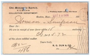 1908 The Mercantile Agency Hanson Vs Simpson Boston MA Antique Postal Card