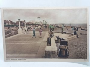 West Parade Worthing Sussex Vintage Hand Tinted Colour Postcard c1920s Vgc