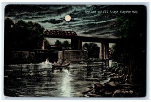 c1910 Moonlight Scene, First Lock and GTR Bridge Kingston Mills Canada Postcard