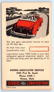 NAMPA, ID Idaho~ AD for NORRIS ASSOCIATED SERVICE 1940s Convertible Car Postcard