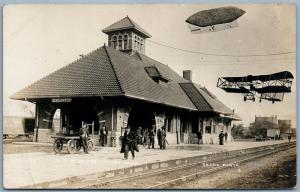 PHOTOMONTAGE FLINT MI RAILROAD STATION AIRPLANE ZEPPELIN ANTIQUE REAL PHOTO RPPC