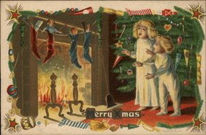 Christmas Kids Find Toys Filled with Stockings c1910 Vintage Postcard