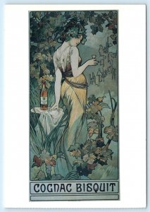 ALPHONSE MUCHA Art Nouveau *Repro COGNAC BISQUIT Brandy 4x6 ~ 1986 Postcard