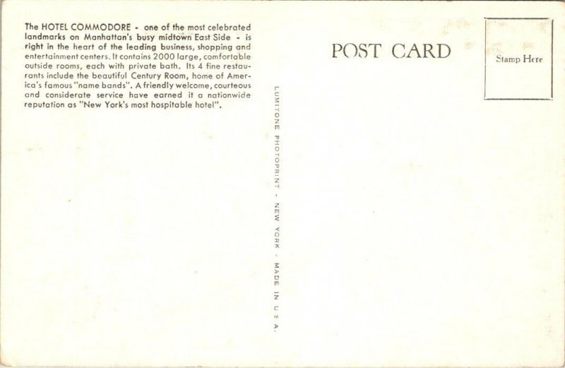 New York Postcard  - Hotel Commodore - New York City - NYC