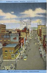 Spokane Washington WA ~ Riverside Avenue ~  Home Of The Kimball Linen Postcard