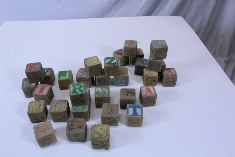 Vintage Collectible Attic Find 32 Wood Blocks Colored Letters #'s Animals 1 1/4