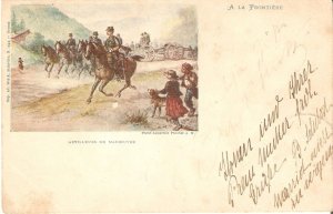 Horses Military. Gunners in maneuver Old vintage French postcard