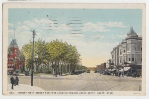 P2844, 1937 postcard 25th street & park street scene trolly people ogden utah