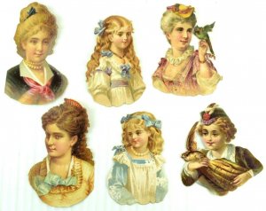 1890's Lovely Victorian Die Cut Girls w/ Birds Lot of 6 Z26