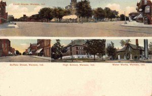 Warsaw Indiana Scenes Court Street High Schook Waterworks 1910c postcard