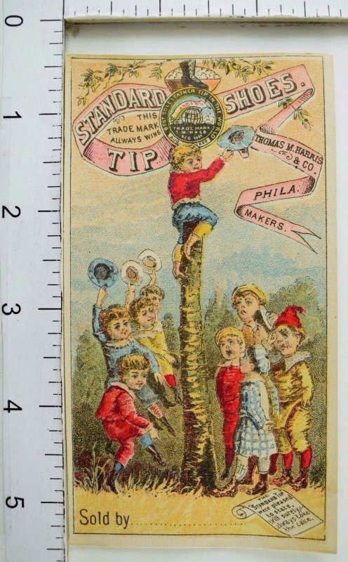 1870's-80's Standard Tip Shoes Adorable Boy Climbing Tree Children Cheering P41