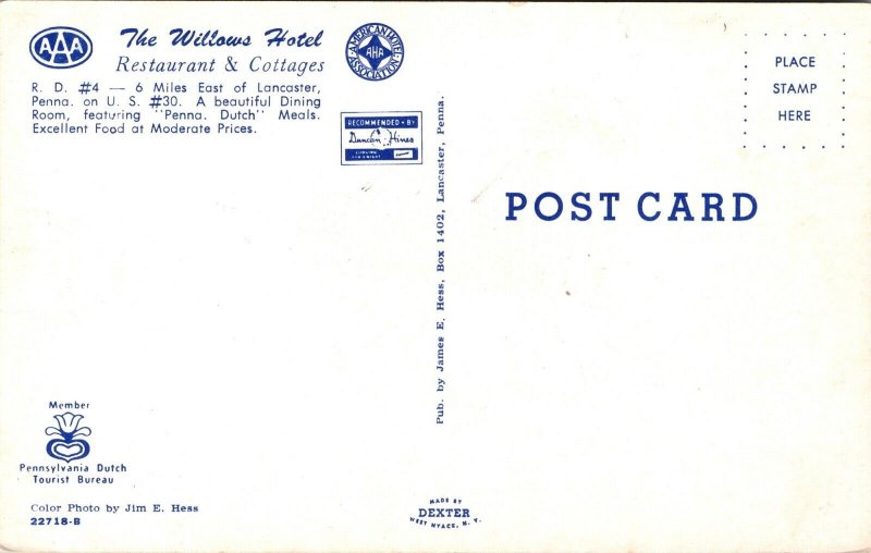 Postcard The Willows Hotel Restaurant and Cottages Lancaster Pennsylvania~137325