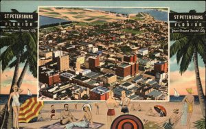 St Petersburg Florida FL Birdseye View Beach Scene  1930s-50s Linen Postcard