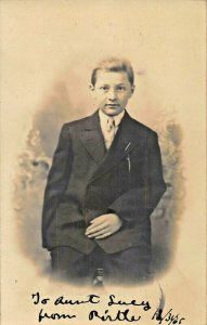 YOUNG BLOND BOY WEARING SUIT-TIE-WATCH CHAIN~1906 REAL PHOTO POSTCARD