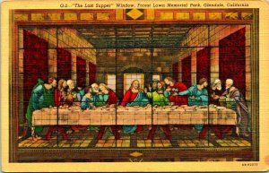 DaVinci Last Supper Window Forest Lawn Glendale CA Vtg Linen Postcard UNP 