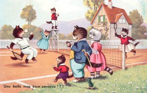 Humanized cats playing tennis comic caricatures vintage postcard