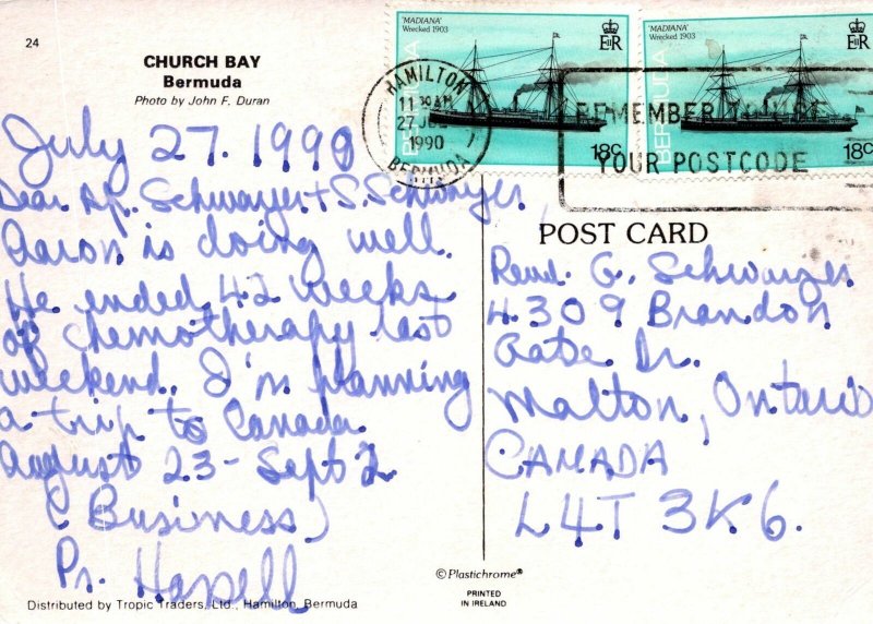 VINTAGE CONTINENTAL SIZE POSTCARD CHURCH BAY BERMUDA MAILED 1990