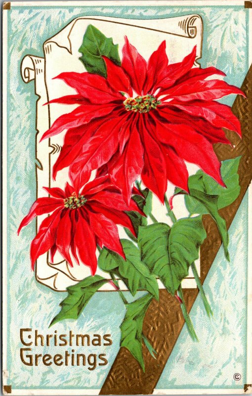 Vtg 1910s Christmas Greetings Gold Gilt Embossed Poinsettia Flower Postcard