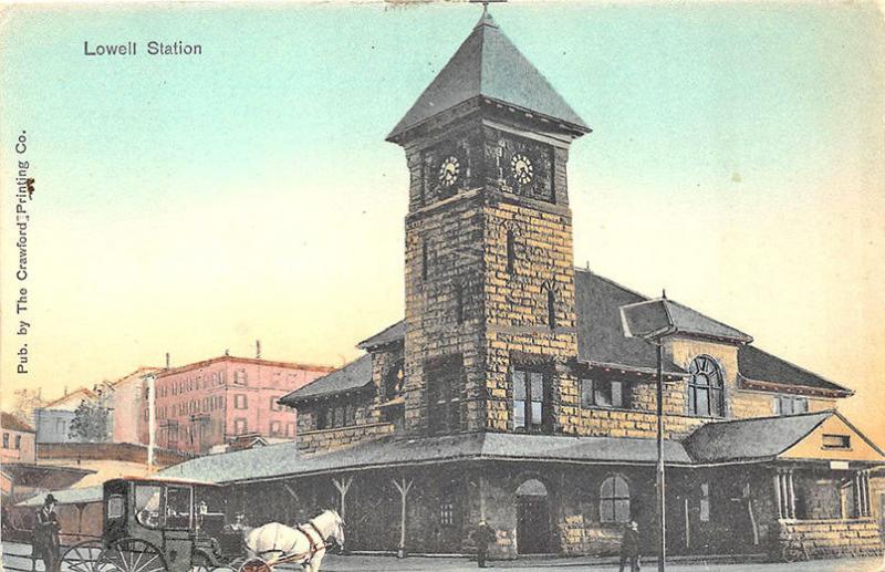 Lowell MA B&M Railroad Station Train Depot Horse & Wagon Postcard