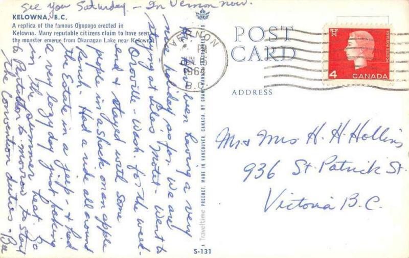 Kelowna British Columbia Canada Ogopogo Statue Vintage Postcard J71447