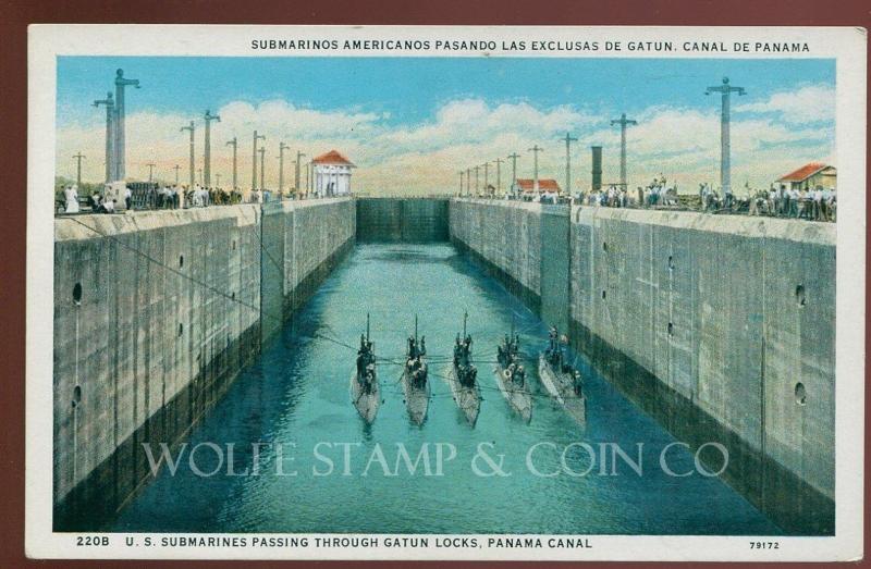 White Border Postcard 5 Submarines in Gatun Locks Panama Canal B4058