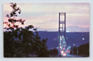 Night View Narrows Bridge Tacoma Washington WA UNP Chrome Postcard  P5