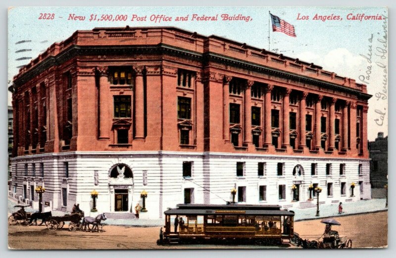 Los Angeles California~New Post Office & Federal Building~Trolley in Front~1911