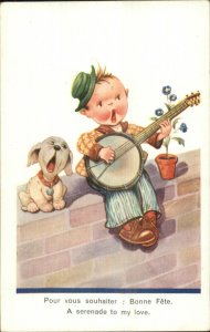 Little Boy Playing Banjo Howling Dog Sit on Brick Wall Postcard