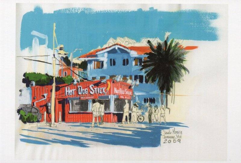 Santa Monica Hot Dog Sausage Cafe Stick Restaurant Painting Postcard