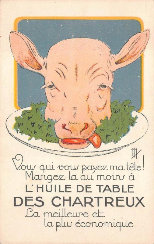L' HUILE DE TABLE DES CHARTREUX COW HEAD PLATTER FRANCE ADVERTISING POSTCARD