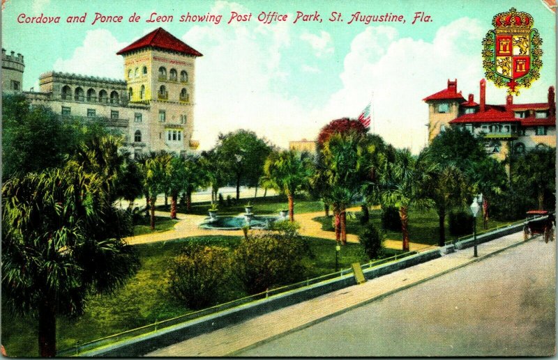 Cordova and Ponce de Leon Post Office Park St Augustine FL 1910s Postcard UNP