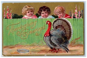 1910 Thanksgiving Greetings Turkey With Three Little Girls Embossed Postcard