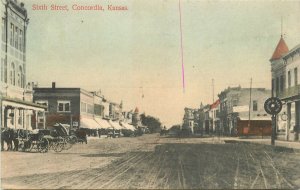 Postcard Kansas Concordia Sixth Street Simon hand colored 23-9424