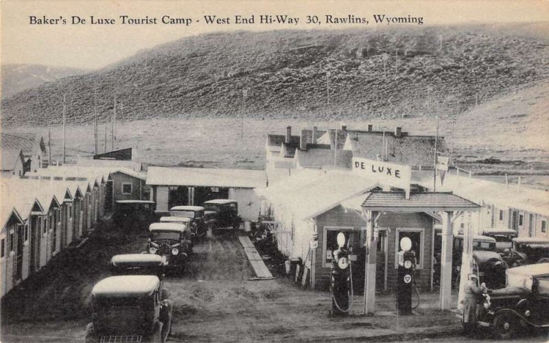 Rawlins Wyoming Baker's De Luxe Tourist Camp Gas Station Postcard AA29630