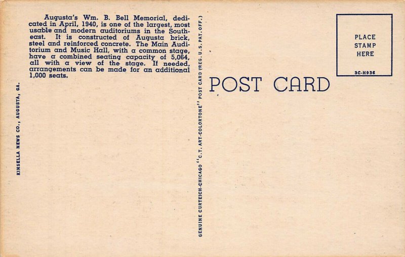 Wm. B. Bell Auditorium, Augusta, GA, Early Linen Postcard, Unused 
