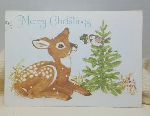 Merry Christmas Deer Bird Vintage Postcard