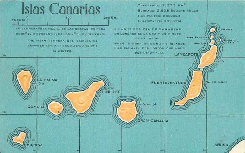 Spain Islas Canarias Canary Islands embossed map old postcard 