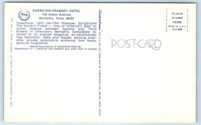 2 Postcards MEMPHIS, TN ~ Lobby & Fountain SHERATON PEABODY HOTEL c1970s