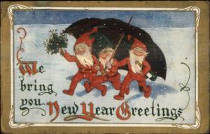 New Year Fantasy Elves Gnomes w/ Umbrella c1910 Postcard