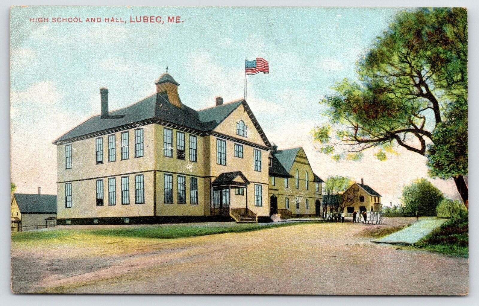 Lubec MaineKids Line Up on Street Near High School & HallUS Flag 1910