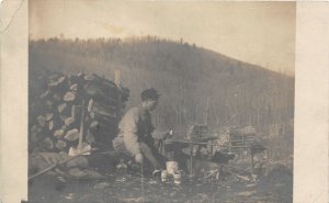 J26/ Interesting RPPC Postcard c1910 Camp Setup Man Cooking Fire 268