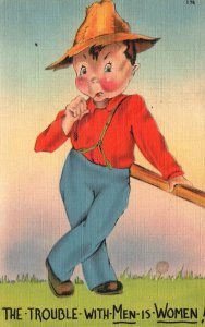 Vintage Postcard Little Boy Thinking The Trouble With Men Is Women Comic Card