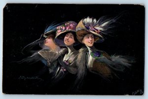 Pretty Women Fancy Hat Fan Signed Artist Tuck Oilette Posted Antique Postcard