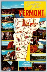 State Maps~Greetings From Vermont~Multi-View~Burlington~Stowe~Vintage Postcard
