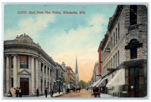 c1910 East From Five Points Exterior Building Road Waukesha Wisconsin Postcard