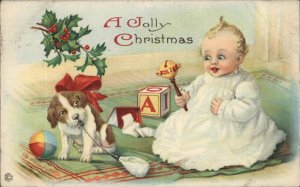 Christmas Stecher Ser 744B Little Girl Puppy Dog Bottle Rattle Vintage Postcard